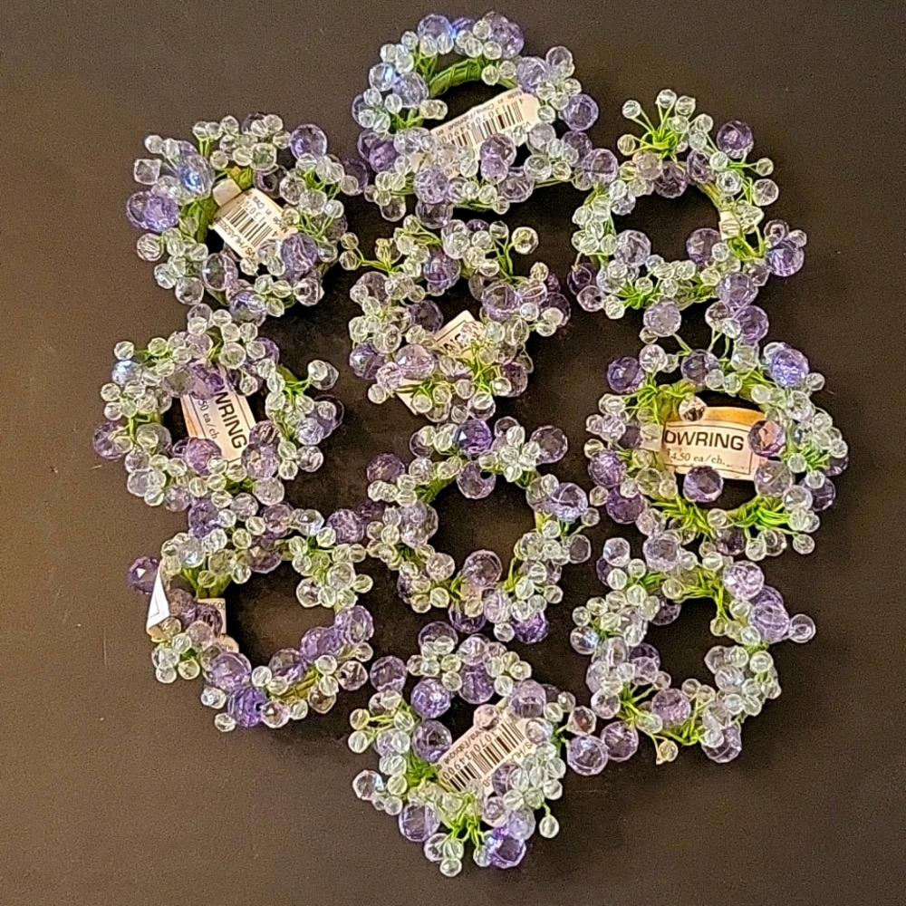 SALE! NEW Purple & Clear Crystals Beaded Napkin Rings, Set of 10!